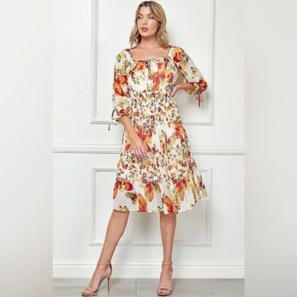 Anthropologie White Floral Midi Dress with Orange and Green boho Cottagecore